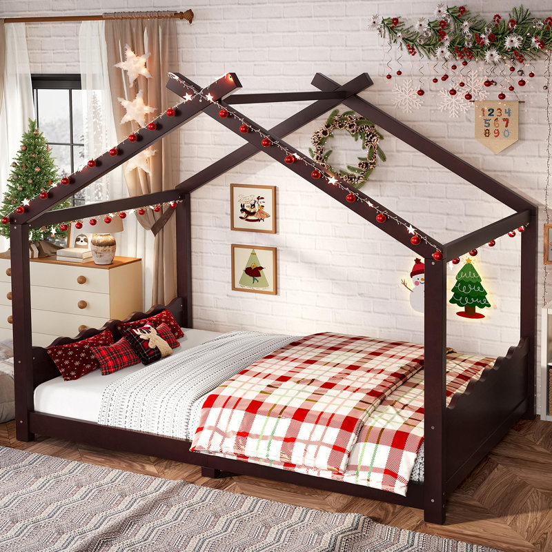 Full House Floor Bed With Support Slats, Solid Wood House Bed Frame For Kids, No Box Spring Needed And Opening Constructure, Espresso