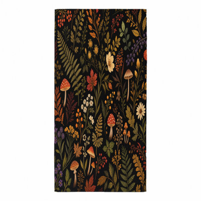 1Pcs Vintage Mushroom Floral Beach Towel, featuring a dark background with an artistic pattern of mushrooms, ferns, berries, and flowers in autumnal colors. Large microfiber, perfect for outings, swimming, travel, camping, unisex.