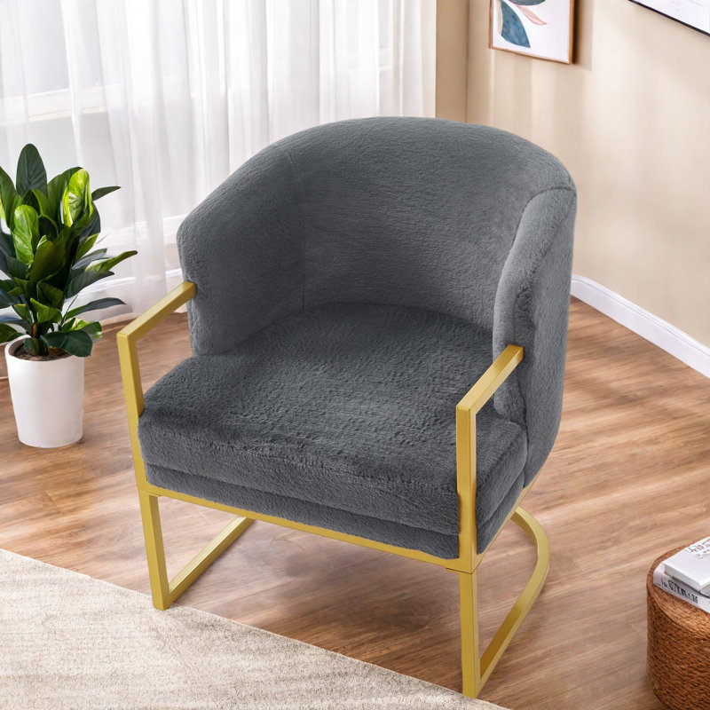 Chaise d'appoint moderne gris, revêtement en fausse fourrure de lapin avec structure en métal doré pour la maison et le bureau