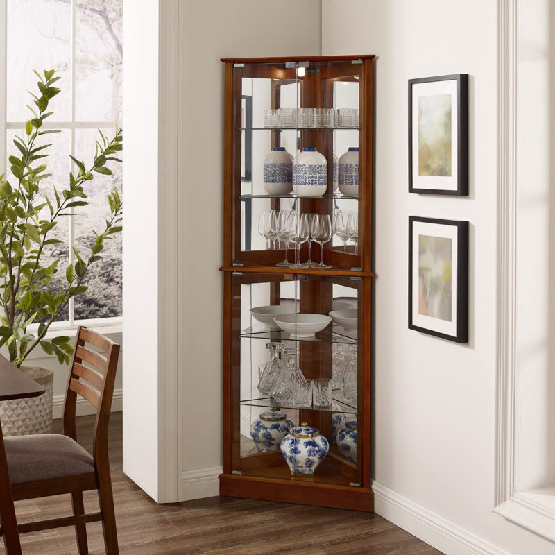 Corner Curio Dispaly Cabinet Withs, Adjustable Tempered Glass Shelves, Mirrored Back(E26 Bulb Not Included), Walnut