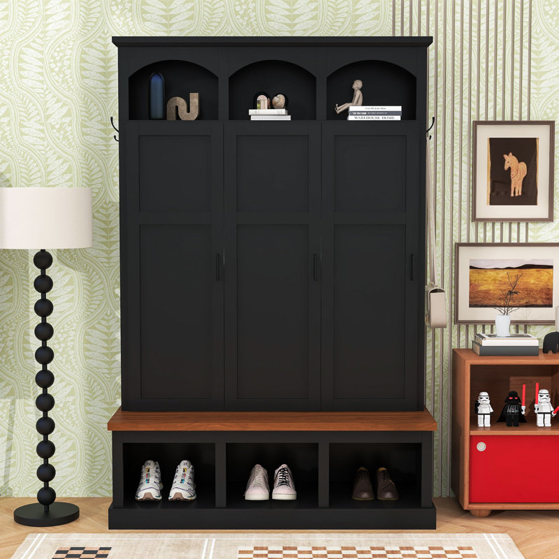 Farmhouse Arched Hall Tree with Storage Bench, 3 Cabinets and 5 Hooks, Black