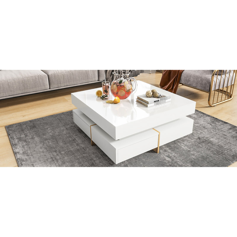 Table basse 31,5 po x 31,5 po lustrée avec rangement pour tiroir, blanc, pour espace de vie moderne 4 tiroirs carrés, lustré, panneau de particules, 31,5 po x 31,5 po, blanc