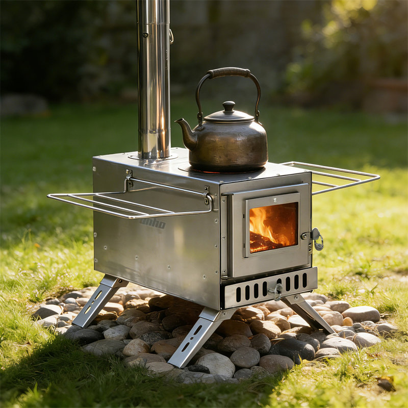 Poêle à bois portatif en acier inoxydable avec cheminée pour camping