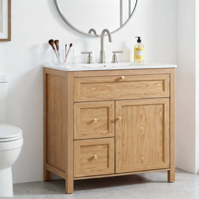 30" Bathroom Vanity with Sink, Freestanding Wood Vanity Cabinet with Flip-Out Drawer, 2 Soft-Close Drawers & 1 Soft-Close Door, Solid Wood & MDF Construction, Elegant Gold Accent Handles