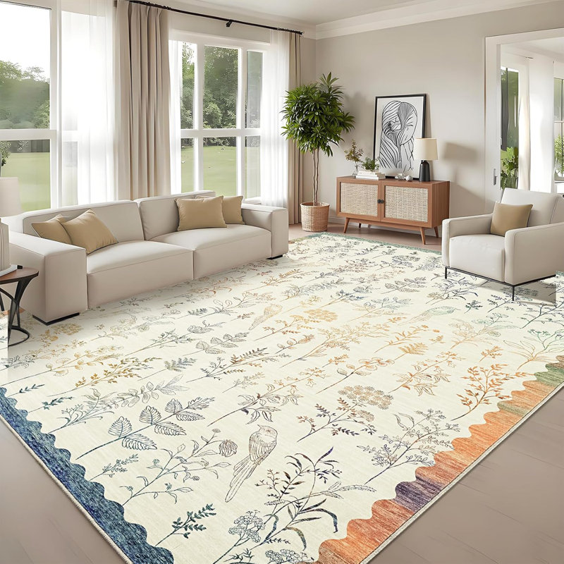 Washable Floral Rug, Non-Slip, Low-Pile, Scalloped Pattern for Kitchen, Hallway, Laundry, Bathroom, Rectangle 8' x 10'