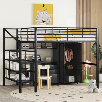 Full Metal Loft Bed With Built-In Desk And Storage