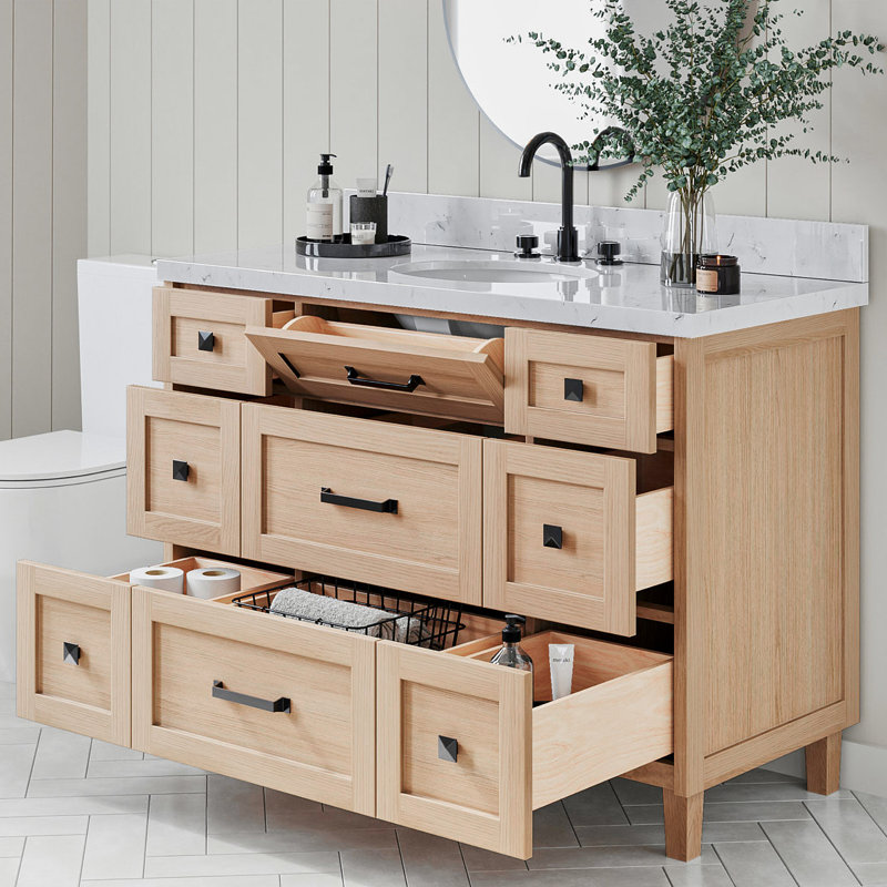 Meuble-lavabo simple 48 po avec plateau en quartz ARIEL Monrow, Chêne