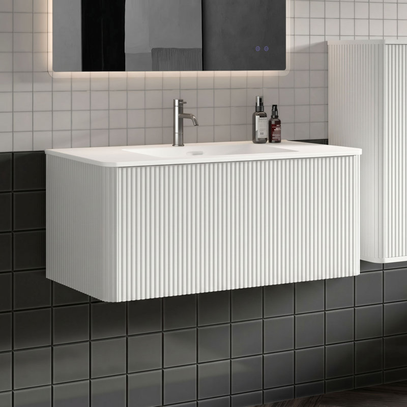 Meuble-lavabo mural simple avec comptoir avec trop-plein Hannemarie, Blanc, 36", Matte White