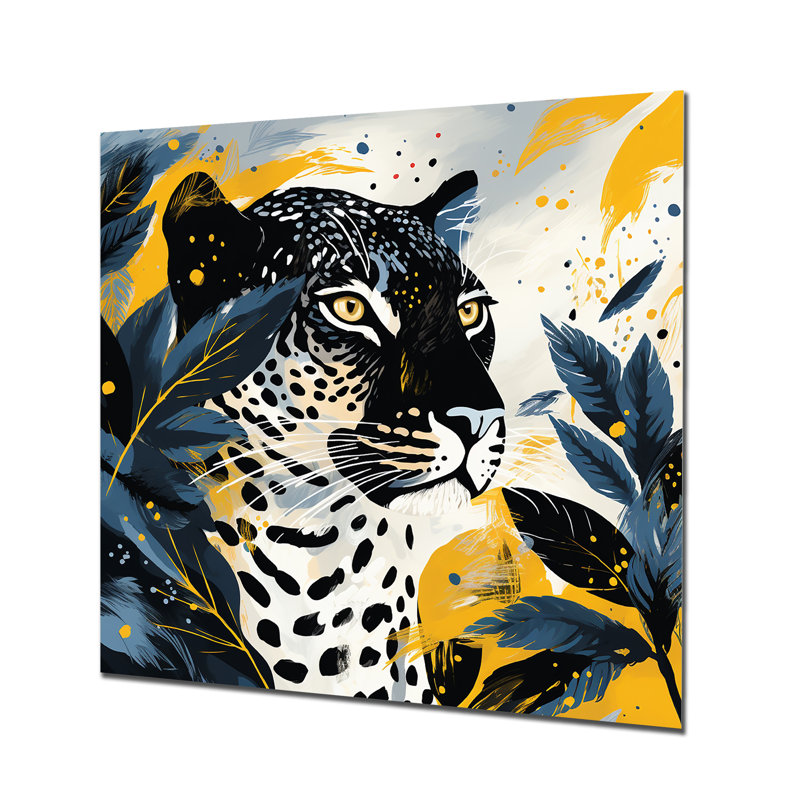 Jaune et bleu léopard collage II - art mural léopard / guépard, H 29 po x l 29 po