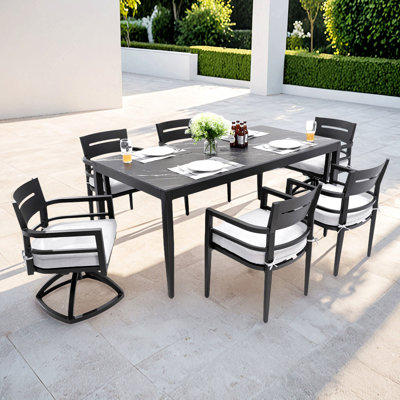Modern 7PC Outdoor Patio Aluminum Dining Set, 35.5"x71" Rectangular Table with Black Marble-Look Sintered Stone Top, Ember Black, 4 Chairs & 2 Swivel Rockers, Sunbrella Cushions