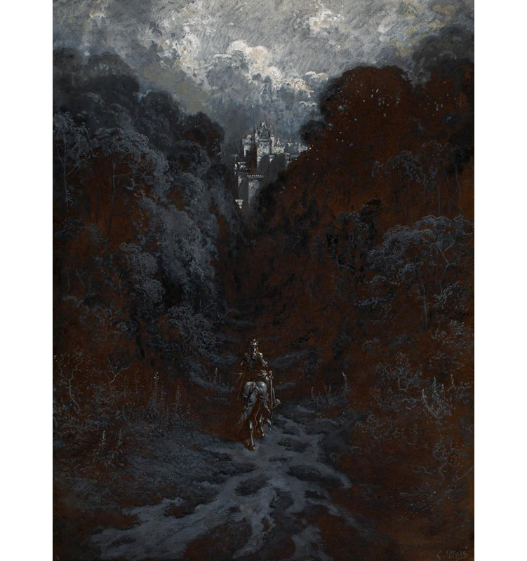 "Sir Lancelot approchant le château d'Astolat" par Gustave Doré - Art sur toile tendue avec châssis, H 24 po x l 17 po