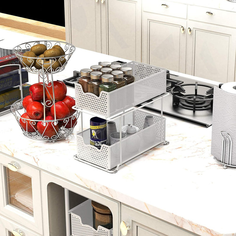 2-Tier Sliding Cabinet Basket Organizer Drawer, White