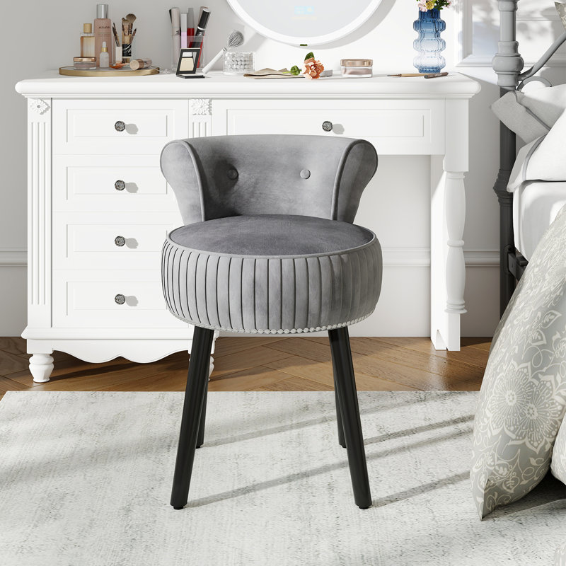 Fauteuil de coiffeuse en velours avec dossier bas capitonné et pieds en bois massif pour chambre gris, Gris, Noir