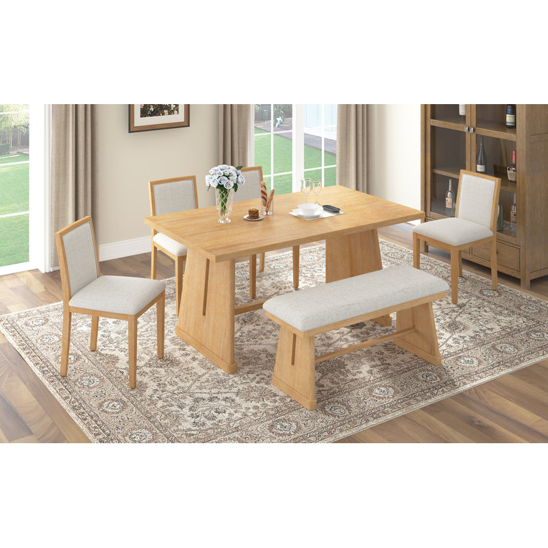 Ensemble de table de salle à manger de style rustique 6 pièces avec motif brossé, table de salle à manger rectangulaire avec pieds trapézoïdaux, 4 chaises rembourrées en lin et 1 banc rembourré pour la salle à manger et la cuisine