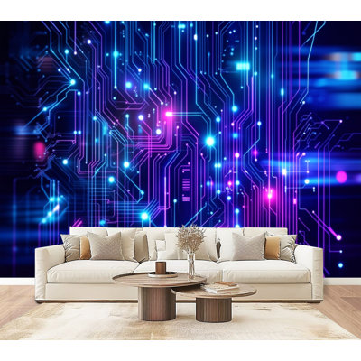 Futuristic Peel and Stick Wallpaper Futuristic Neon Glowing Blue Purple Technology Lines Wall Murals 100"H x 144"W Removable PVC Wall Paper Self-Adhesive Wall Decor for Boys Bedroom Play Room Home Office