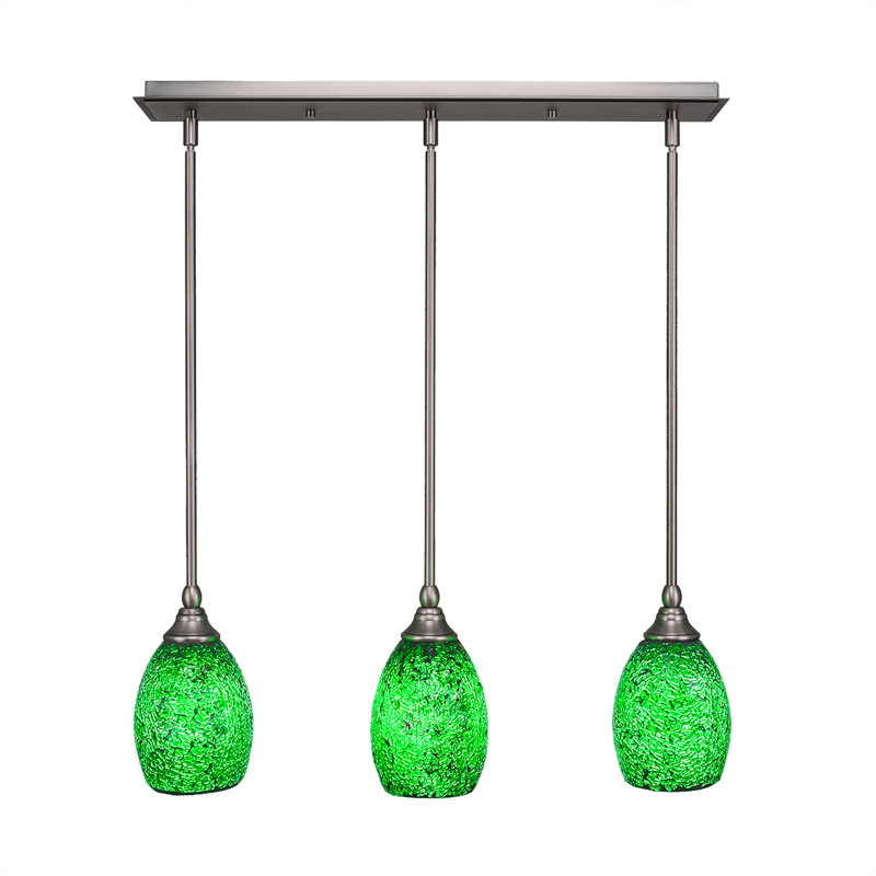 3 Light Stem Hung Linear Pendalier Shown With 5" Fusion Glass, Turquoise, Brushed Nickel