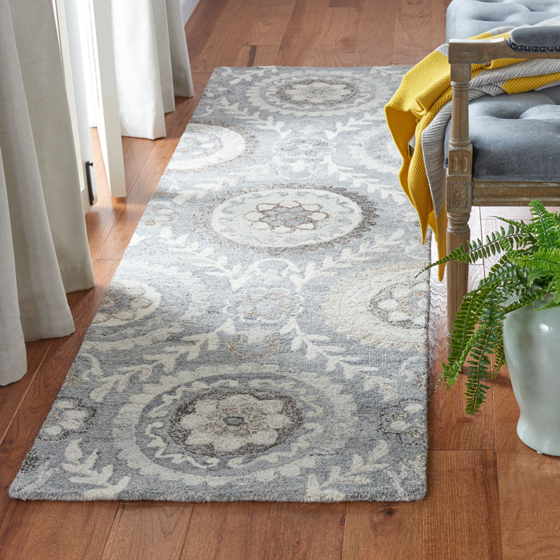 Tapis floral en laine et coton touffeté à la main avec tissu en latex Roussel, Rond 6 pi