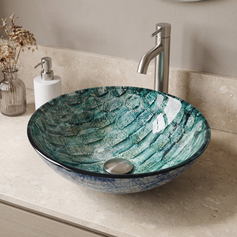 Lavabo de salle de bain vasque rond en verre L 17 po x l 6 po H Giovanni Russet, Sarcelle patinée