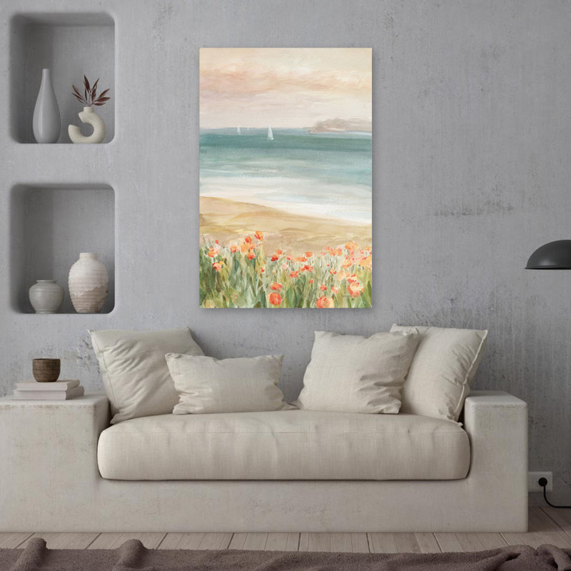 Autour du bord de mer II; Bateau de plage floral bleu nautique, H 36 po x l 24 po