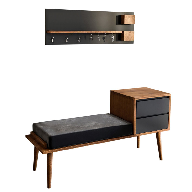 Modern Hall Stand with Wall Shelf & Coat Rack, Walnut & Anthracite, 47.2 x 29.3 x 17.7 inches | 100% Melamine Coated Particle Board, 0.7 in Thickness | 2 Telescopic Drawers, Stylish & Functional Design for Entryway