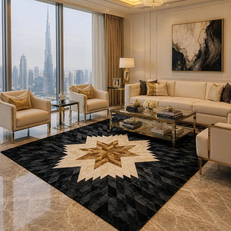 Tapis en cuir de vache noir et blanc, 8 x 10 pi