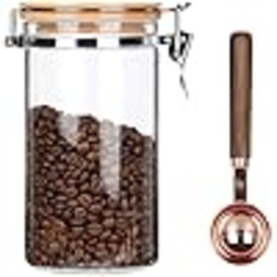Contenant en verre pour grains de café avec couvercle hermétique, pot scellé en verre avec couvercle à pince verrouillable pour grains de café, noix, boîte de rangement pour café avec cuillère pour 1 lb de grain, 40 oz liq.