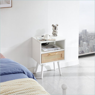 Natural Rattan Coffee Table with Power and USB, Modern Solid Wood Leg Side Table for Living Room, Compact Storage