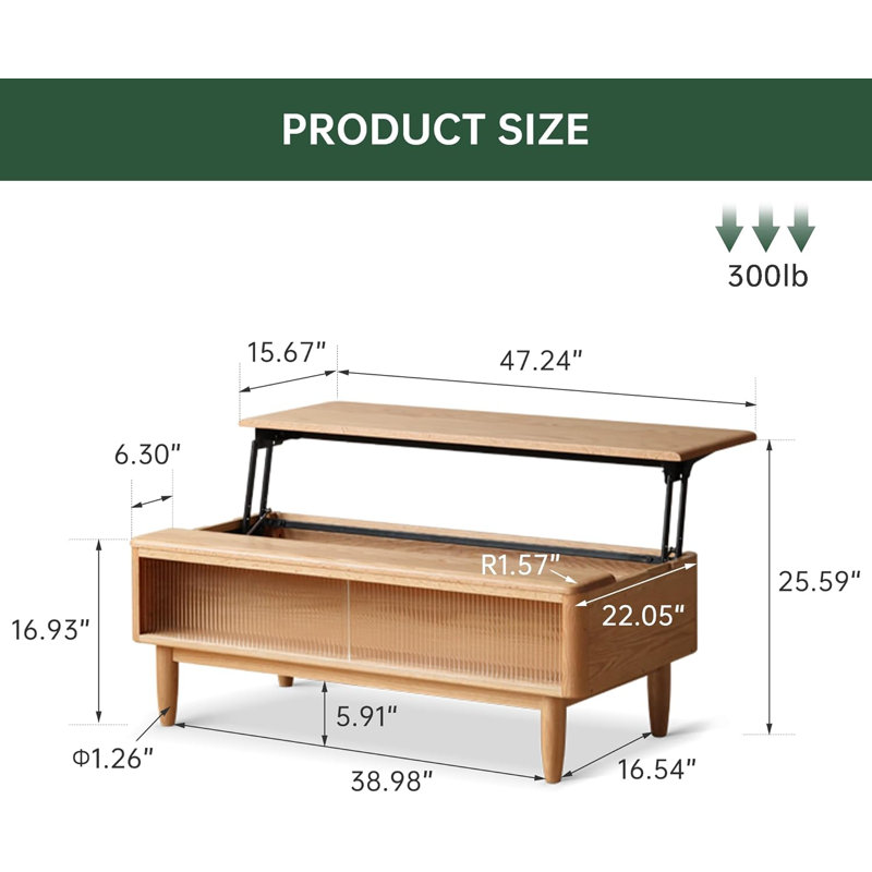 Table basse de 47 po en chêne massif avec verre cannelé, H 25,6 po x L 47,24 po x l 22,05 po