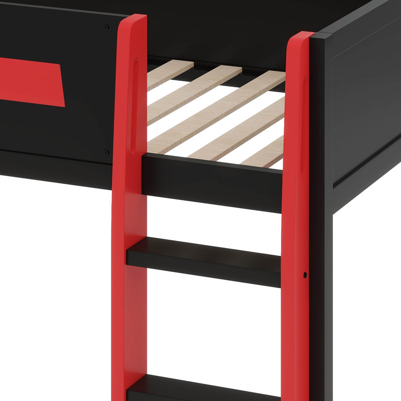 Lit superposé en bois avec bureau intégré, lumières DEL, port USB et 2 tablettes de rangement, Simple, Noir / rouge