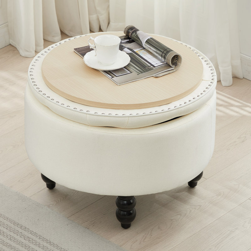 24'' Wide Upholstered Round Storage Ottoman, Beige Linen