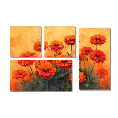Zinnias Sunrise Orange Hues I - Art mural floral 4 pièces