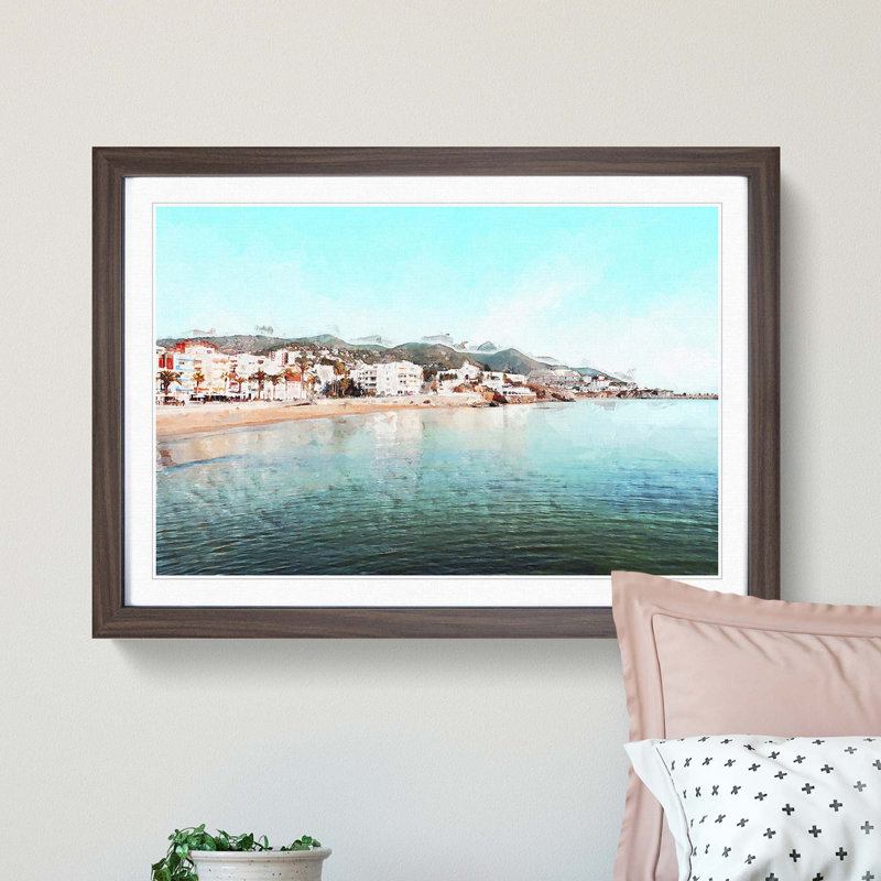 Shoreline of Sitges in Spain in Abstract - Picture Frame Graphic Art Print, 60cm H x 91cm W x 2cm D, Walnut