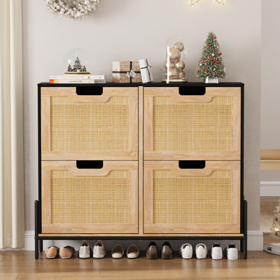 Rattan Shoe Storage Cabinet, Entryway Shoe Cabinet with 4 Flip Doors, Freestanding Shoe Rack with 3 Position Adjusted and Removable Shelves for Hallway, Entryway, Bedroom, Black+Oak