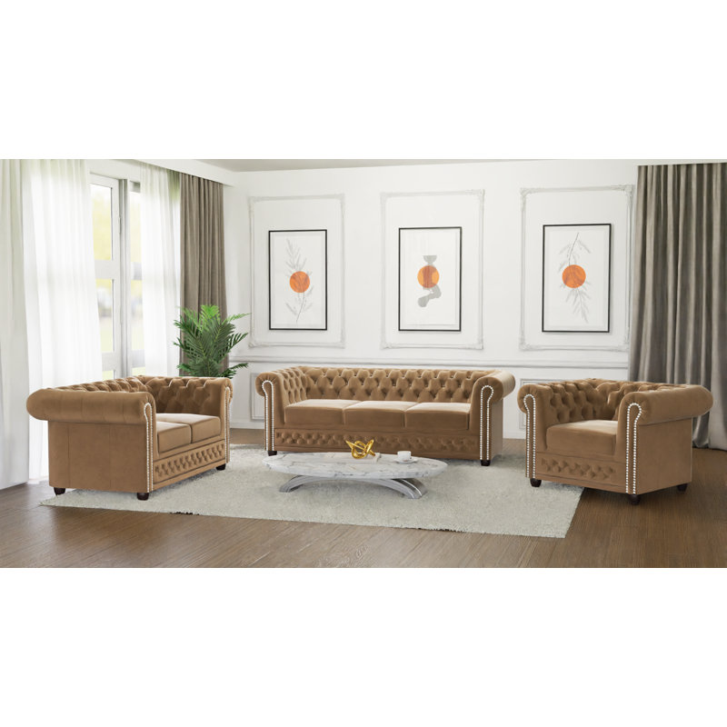 Chesterfield Hanna Sofa Set with Sleeping Function 3+2+1 Made of Velvet Fabric with Solid Wood Legs, Beige
