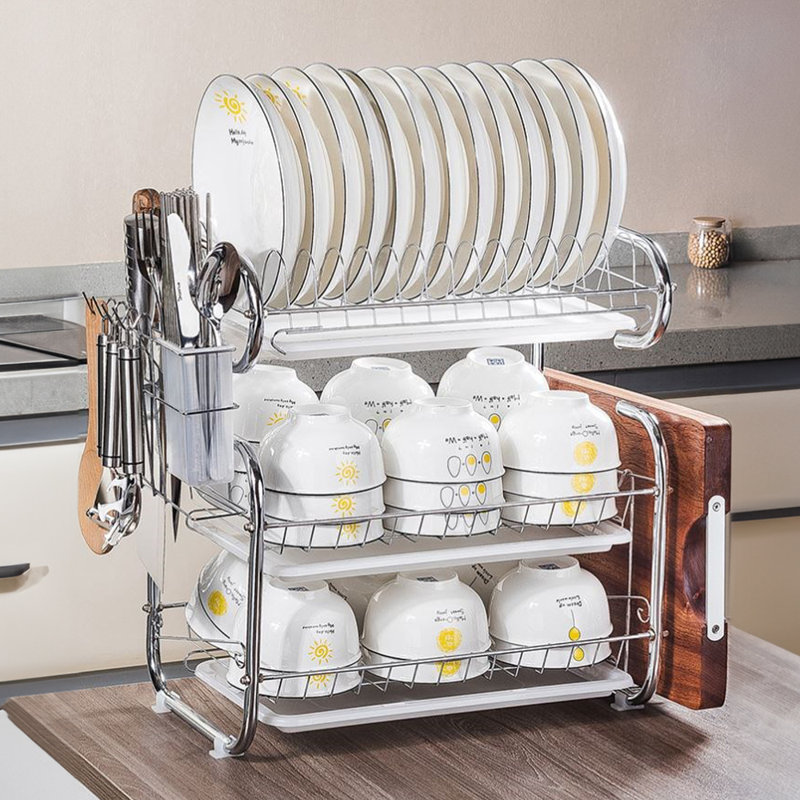 Kitchen 3-Tier Dish Drainer Storage Stand Bowl Plate Dryer Tray, White