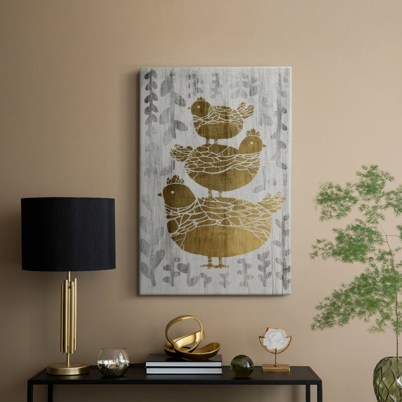 Trois poules françaises - Fête de la feuille d'or - galerie Cavas sur mesure, H 48 po x l 32 po