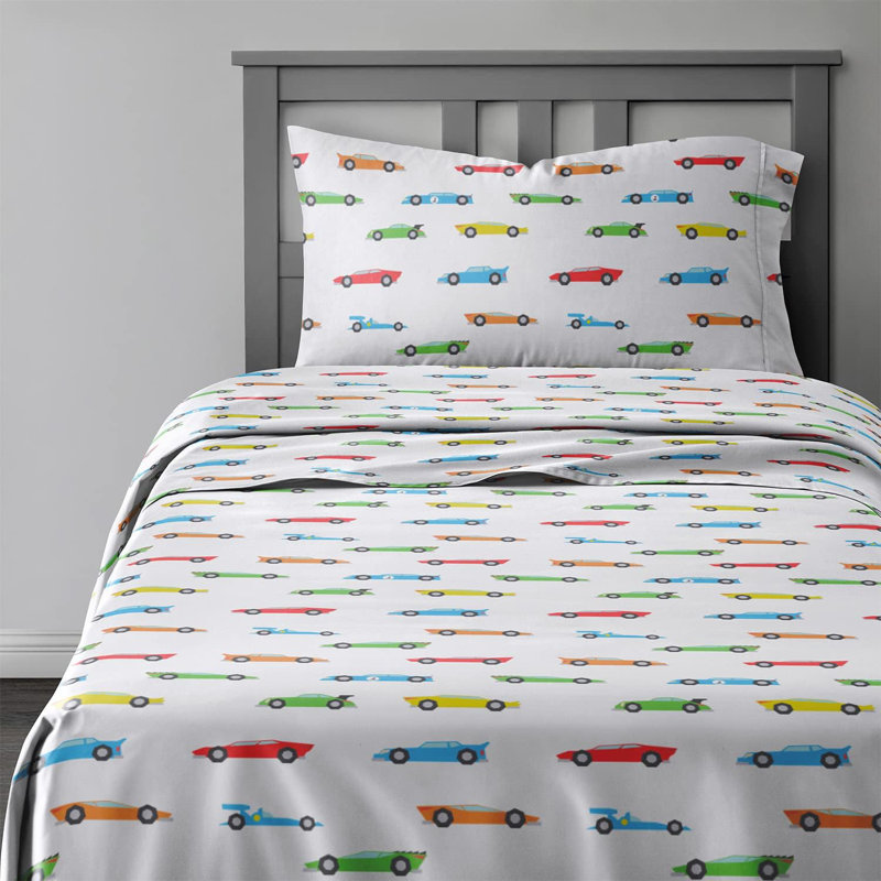 Kids Full Size White Microfiber Racecar Print Sheet Set