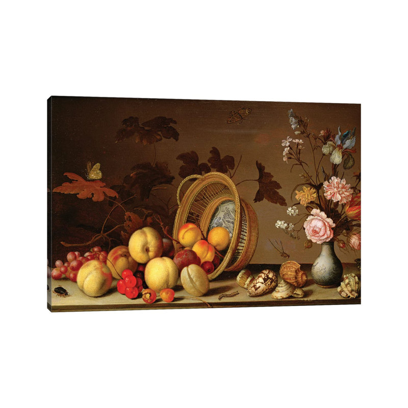 Pommes, cerises, raisins, prunes et un vase de fleurs - reproduction d'art mural - toile tendue