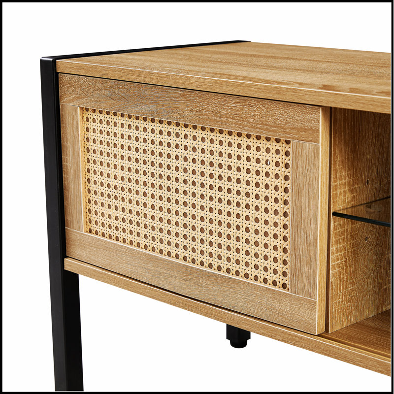 Meuble télé 54,33 po en rotin avec bande lumineuse de couleur variable, portes coulissantes doubles, tablette réglable et pieds en métal pour les salons modernes