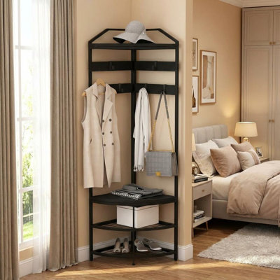4-in-1 Black Metal Corner Hall Tree Entryway Organizer, Shoe Rack with 4 Mesh Shelves & 6 Hooks for Bedroom Office