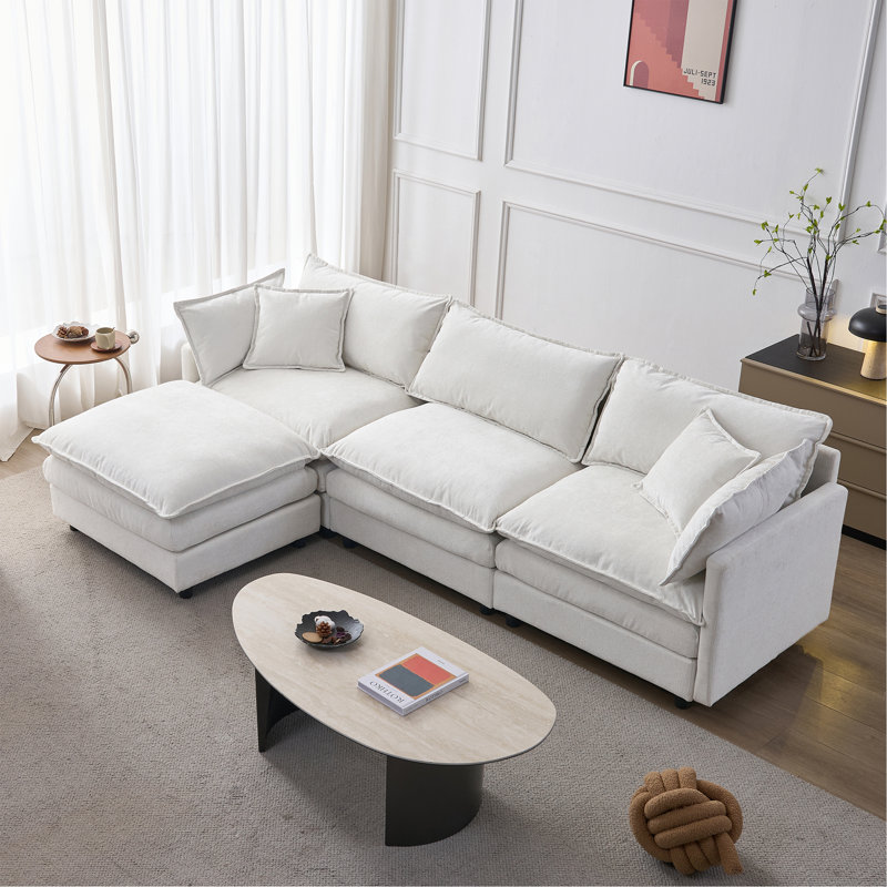 Canapé modulaire rembourré en tissu de chenille doux, canapé modulaire 3 places avec repose-pieds, Beige