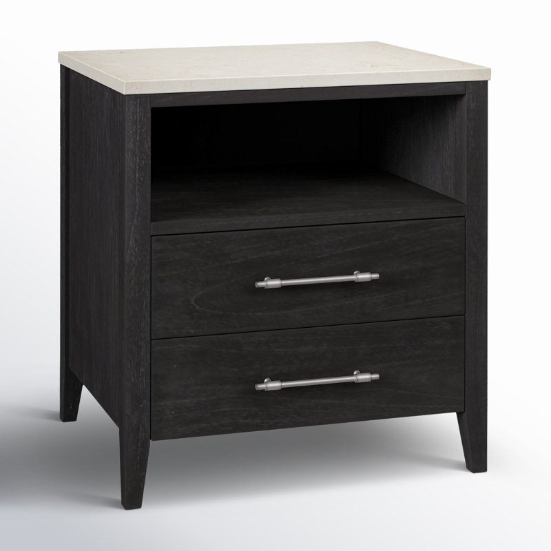 Mayfair 2 Drawer Wood and Marble Nightstand, Washed Black/Ivory