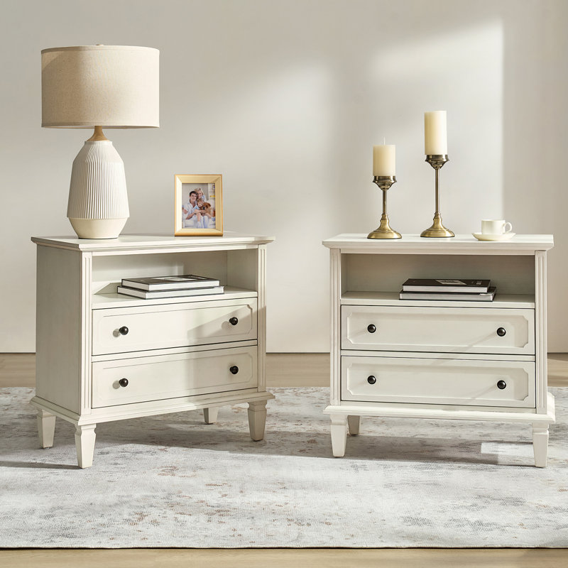 Amberlyn 28.2" W Traditional 2-Drawer End Table with Charging Station and Solid Wood Legs and Open Shelf, White