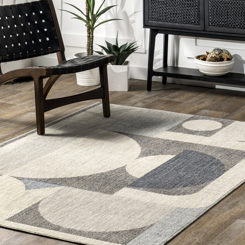Tapis gris géométrique tissé à la machine Rectangle Faires, Rectangle 6 pi 7 po x 9 pi