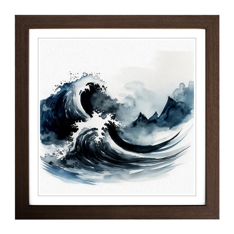 Japanese Wave Ink Wash No.1 - Single Picture Frame Print on Wood, Walnut