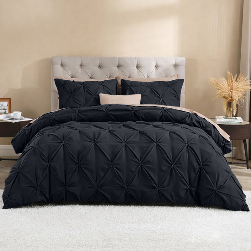  Luxurious Microfiber Pintuck Design Duvet Cover With Pillowcases , Super King Duvet Cover + 2 Standard Pillowcases, Black