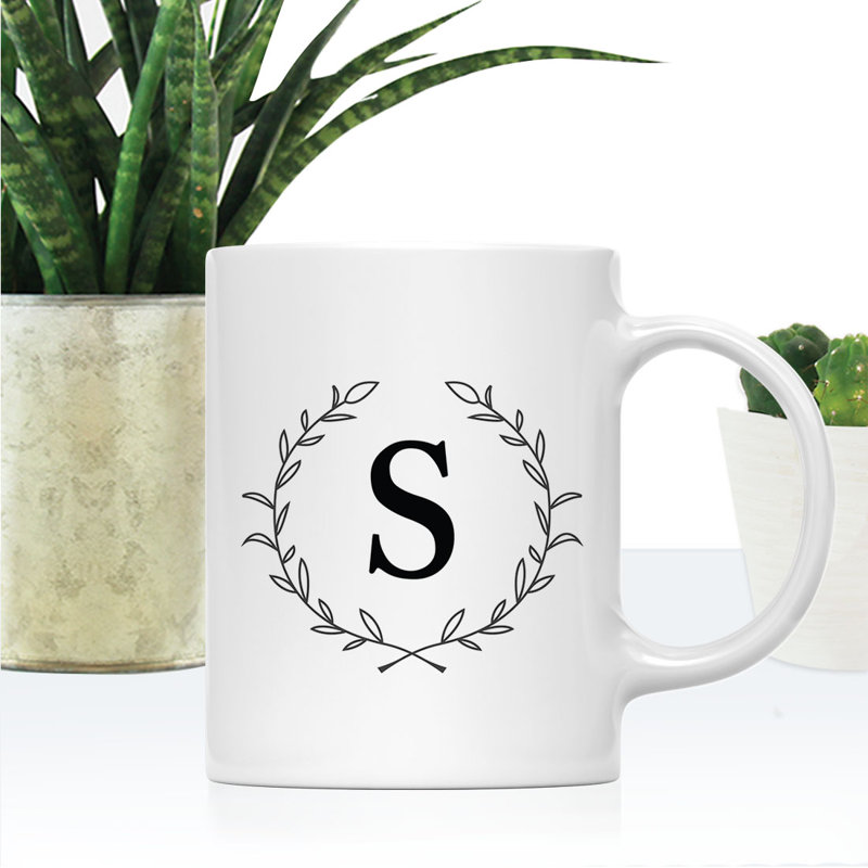 Custom Monogram Initial Coffee Mug Gift Letters A-Z, Laurel Wreath Custom 11Oz Ceramic Coffee Mug, 1-Pk, Yes