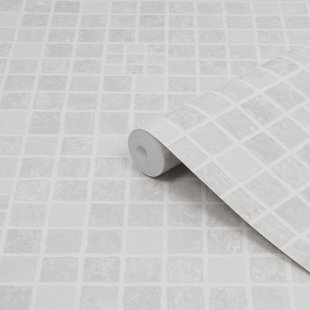 Contour Earthen Tile Effect Kitchen Bathroom Grey/White Washable Wallpaper