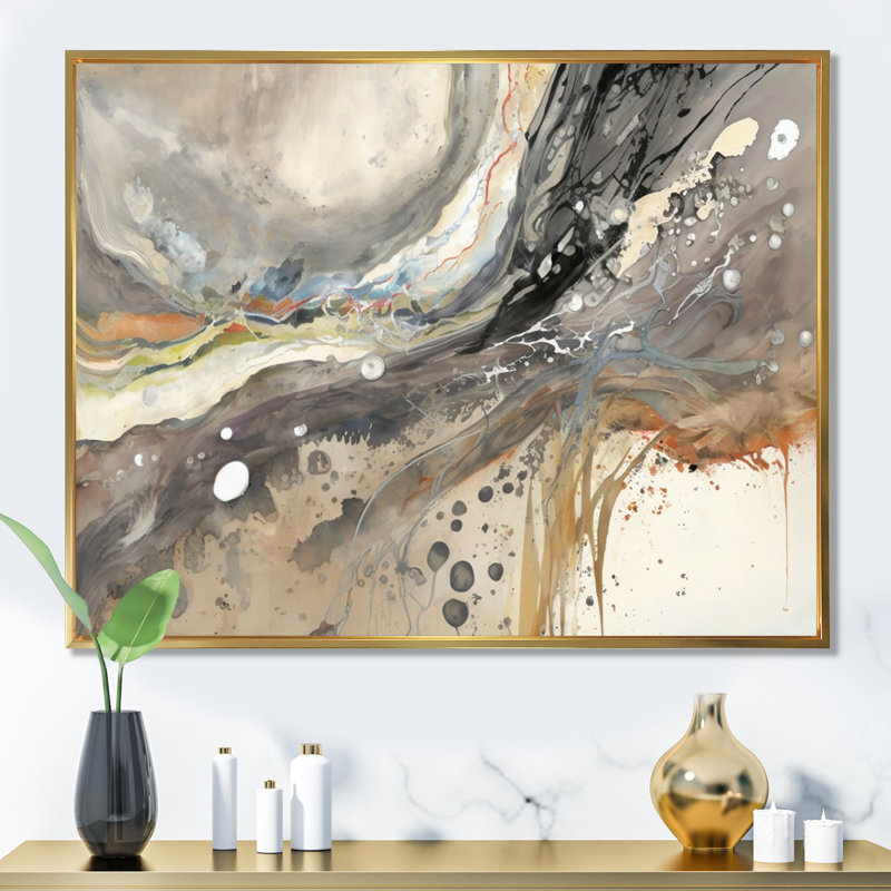 Subtile sérénité, gris, aquarelle, vagues, H 12 po x l 20 po x P 1 po, Cadre flottant doré
