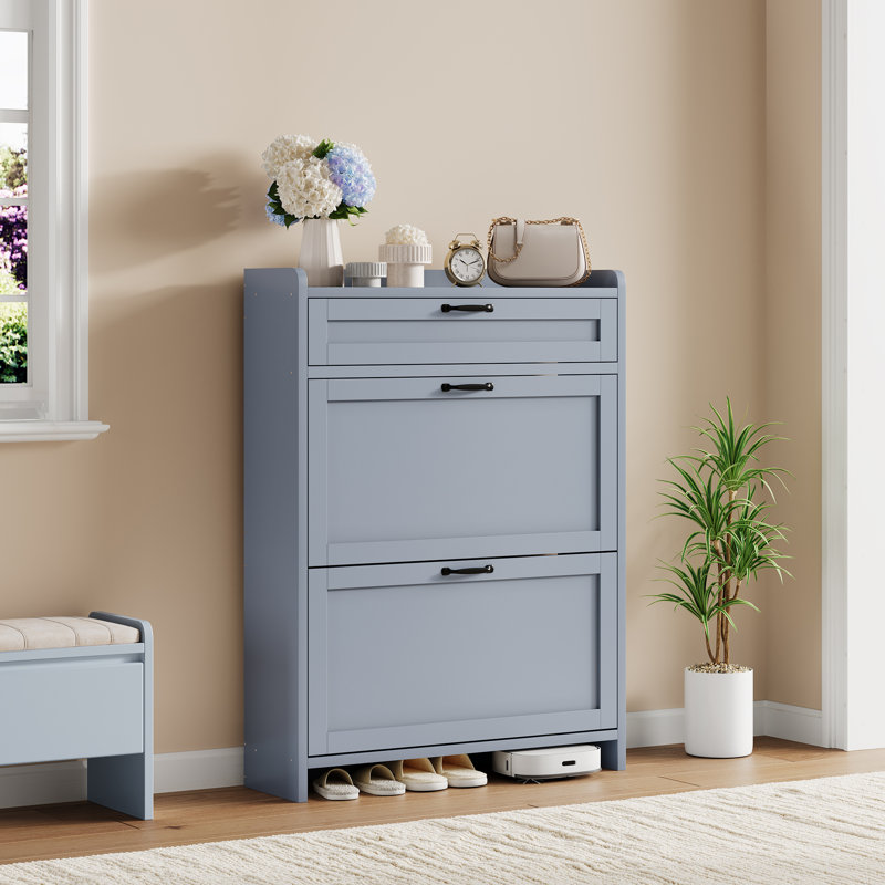 Range-chaussures avec 2 tiroirs rabattables, range-chaussures en bois peint ultrabrillant avec tablettes réglables, Bleu